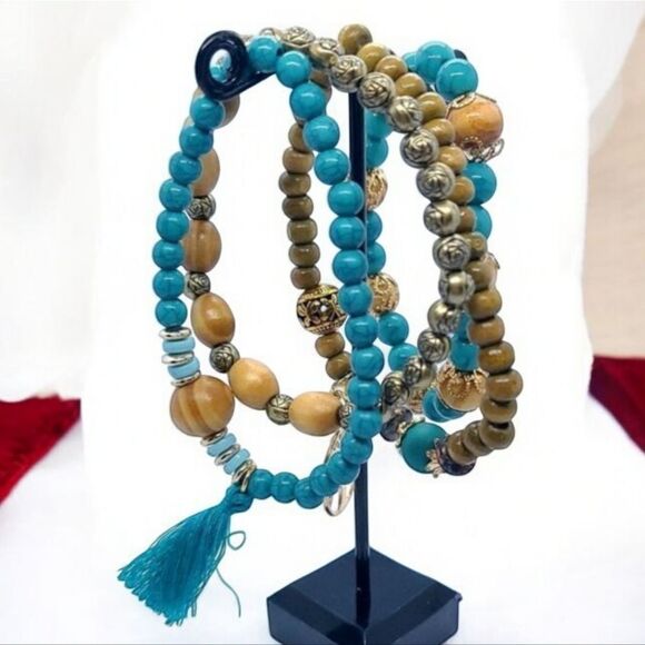 4pc Set Boho Turquoise Beaded Stacked Tree Tassel Charm Bracelet Stretch Beads - Picture 5 of 6